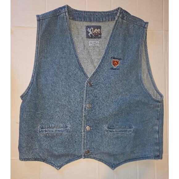 Vintage Chicago Bears Vest Mens Large Blue Denim Jacket 90s Football NFL - Picture 1 of 5